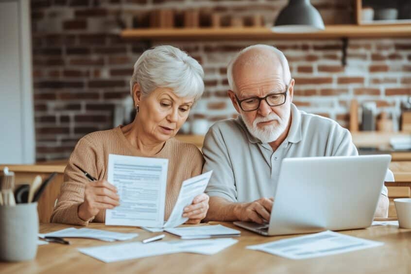 AI generated image of n elderly couple sits side by side at a kitchen table, focused on reviewing financial documents and using a laptop.