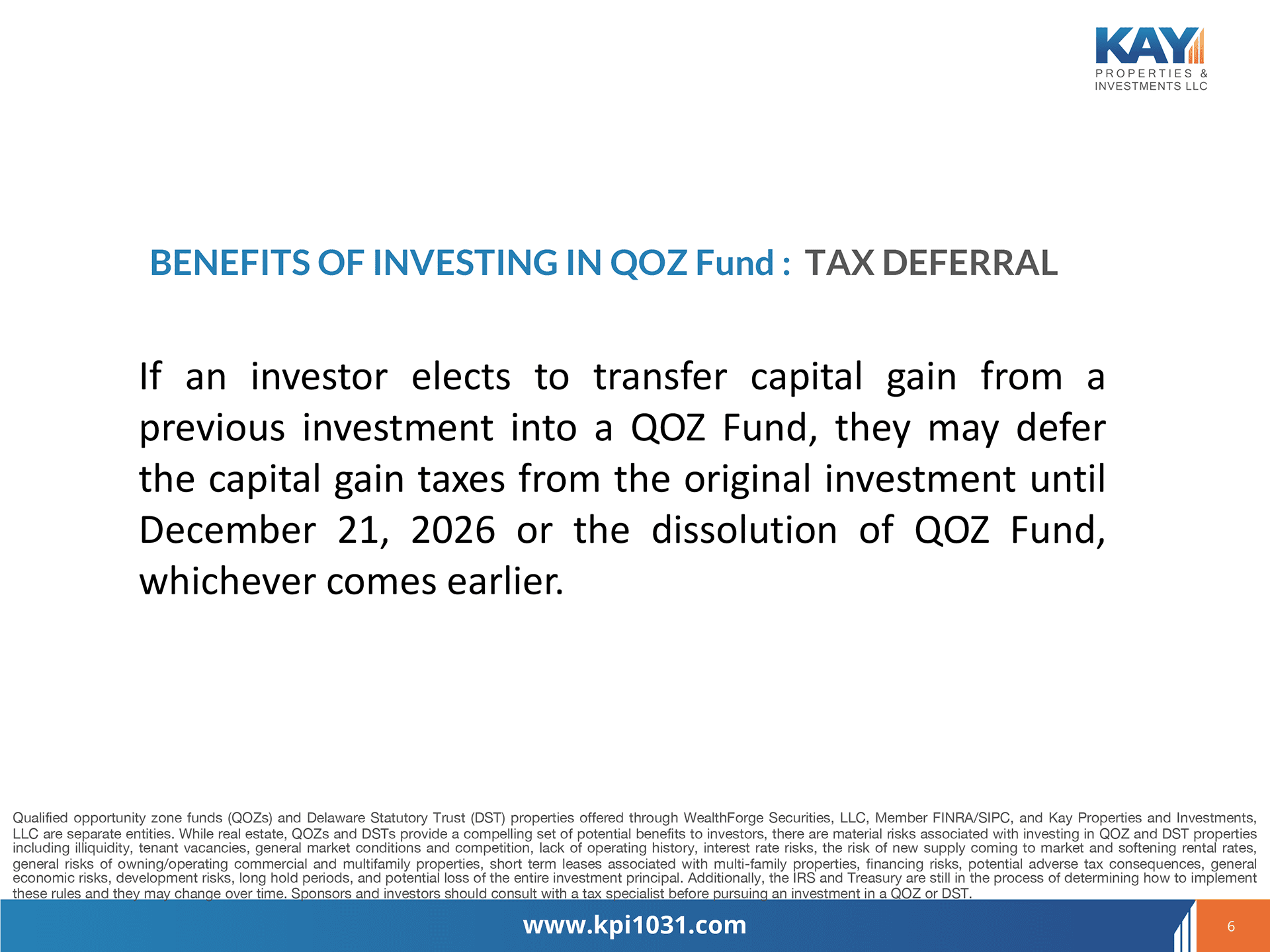 Investing in a QOZ fund after sale of appreciated assets | Kay Properties